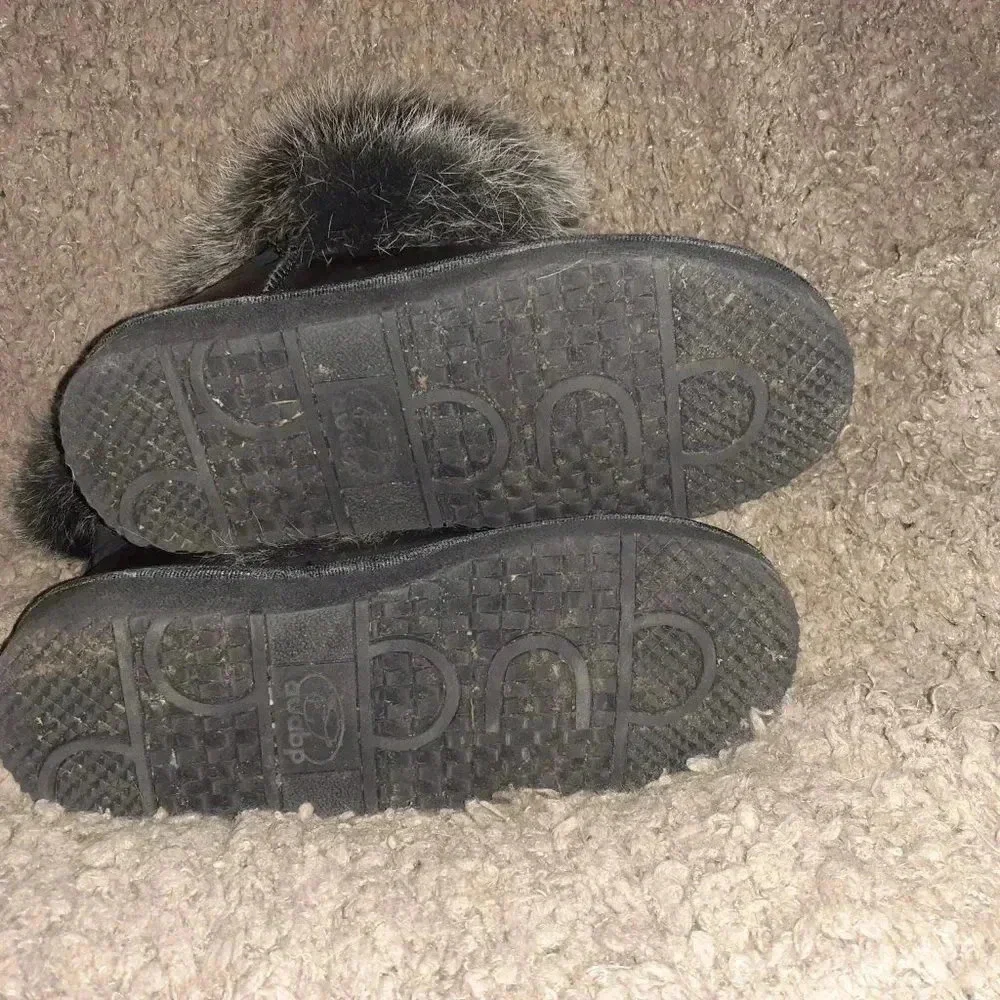 AUABP-Gracie-Black Leather Boots-Sheepskin Lining-Fox Fur Trim-Size 5-Excellent